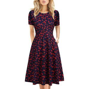 Women's Navy Red Elegant Knee Length Vintage A-Line Swing Dress with Pockets